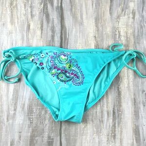 Xhilaration Boho Bikini Bottom Aqua Teal Floral Paisley Side Tie String Bikini L